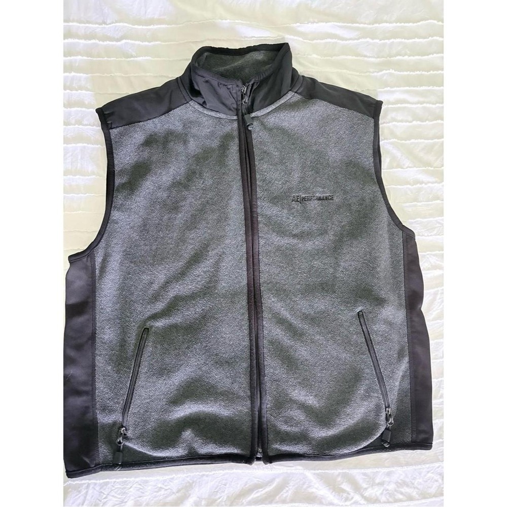 American Eagle Performance Men XL Gray Fleece Vest Full Zip Mock Neck Nylon Trim